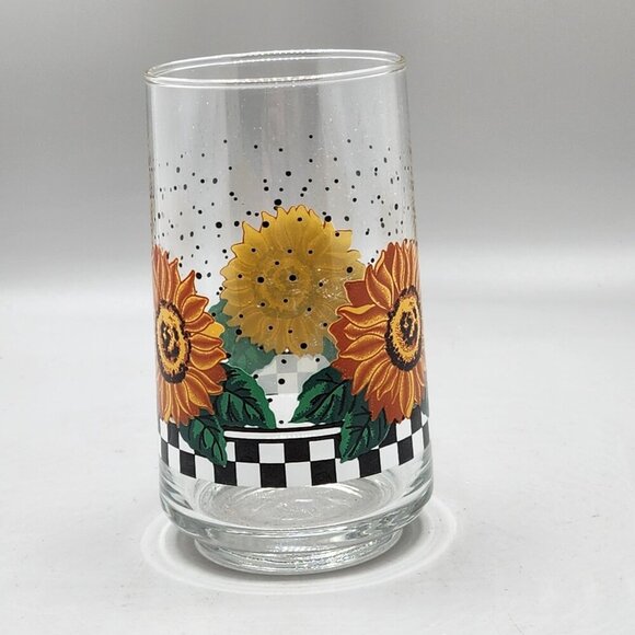 VTG Crisa Glassware Clear Drinking Glasses Set of 4 Sunflowers Checkerboard 12oz - Picture 4 of 6